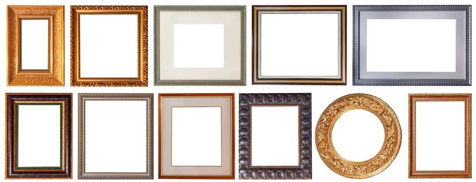 Set of picture frames isolated on white background antique carved gold 写真素材