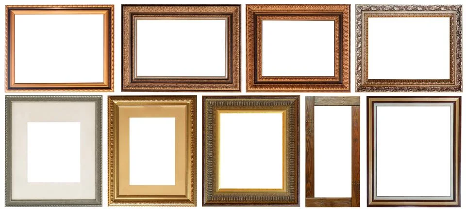 Set of picture frames isolated on white background antique carved gold Stock Photos