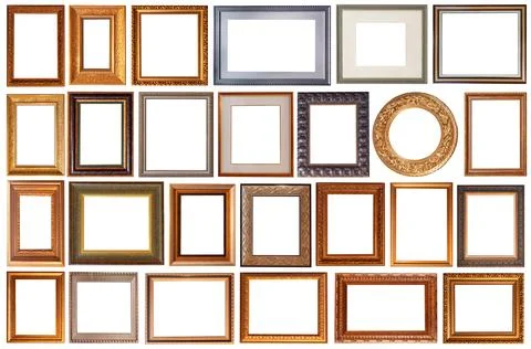 Set of picture frames isolated on white background antique carved gold Stockfoto's