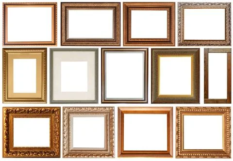 Set of picture frames isolated on white background antique carved gold Stock Photos