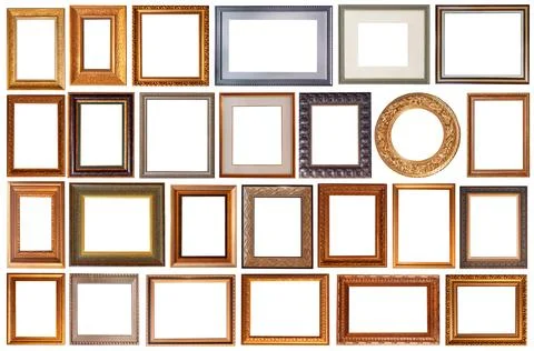 Set of picture frames isolated on white background antique carved gold Stock Photos