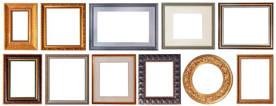 Set of picture frames isolated on white background antique carved gold Stock Photos
