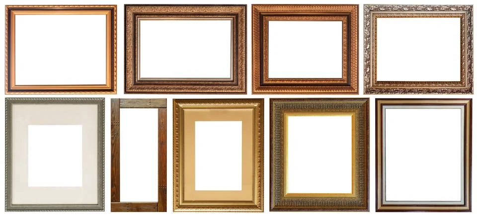 Set of picture frames isolated on white background antique carved gold 写真素材