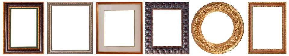 Set of picture frames isolated on white background antique carved gold 库存照片