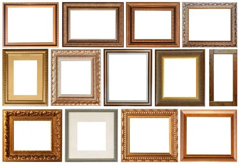 Set of picture frames isolated on white background antique carved gold Foto stock
