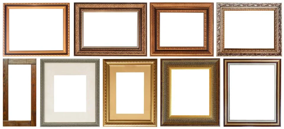Set of picture frames isolated on white background antique carved gold 库存照片