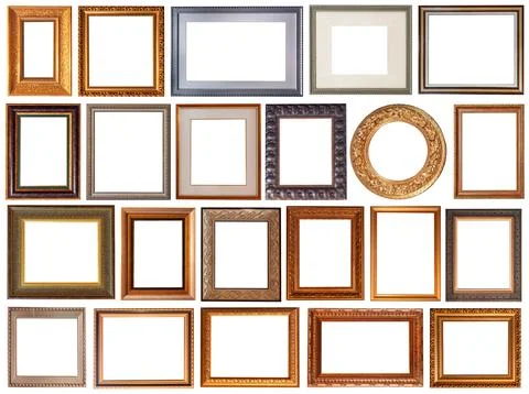 Set of picture frames isolated on white background antique carved gold 库存照片