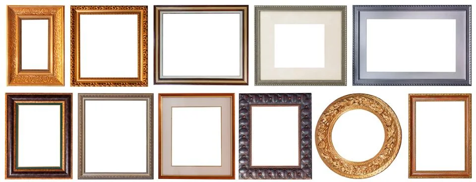 Set of picture frames isolated on white background antique carved gold 스톡 사진