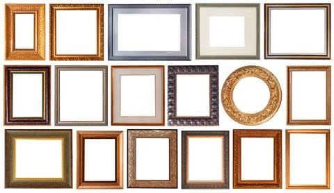Set of picture frames isolated on white background antique carved gold 库存照片