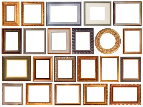 Set of picture frames isolated on white background antique carved gold 스톡 사진