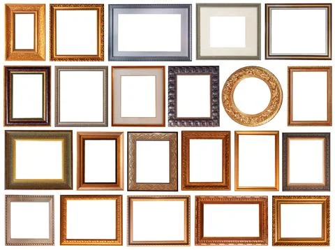 Set of picture frames isolated on white background antique carved gold Stockfoto's