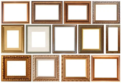 Set of picture frames isolated on white background antique carved gold Stockfoto's