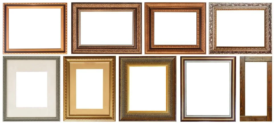 Set of picture frames isolated on white background antique carved gold 库存照片