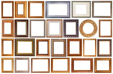 Set of picture frames isolated on white background antique carved gold 库存照片