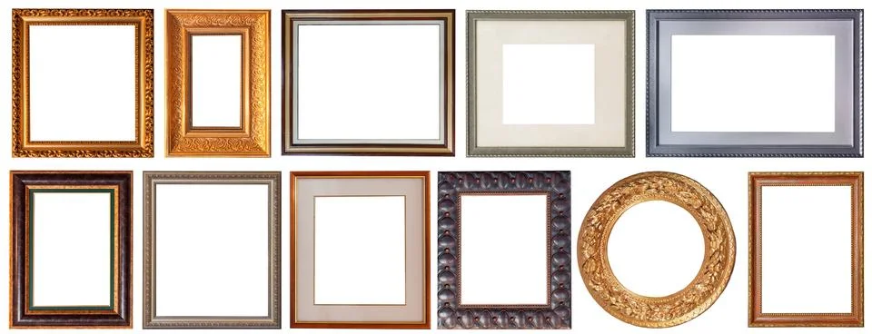 Set of picture frames isolated on white background antique carved gold Foto stock