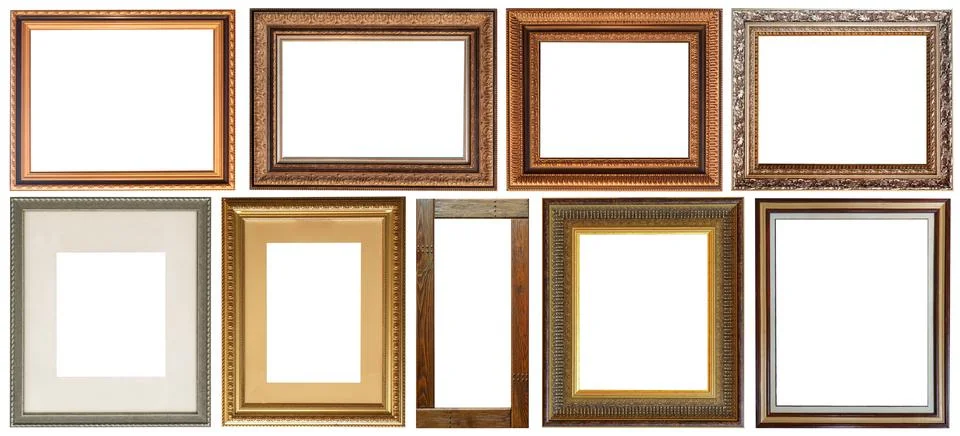 Set of picture frames isolated on white background antique carved gold Foto stock