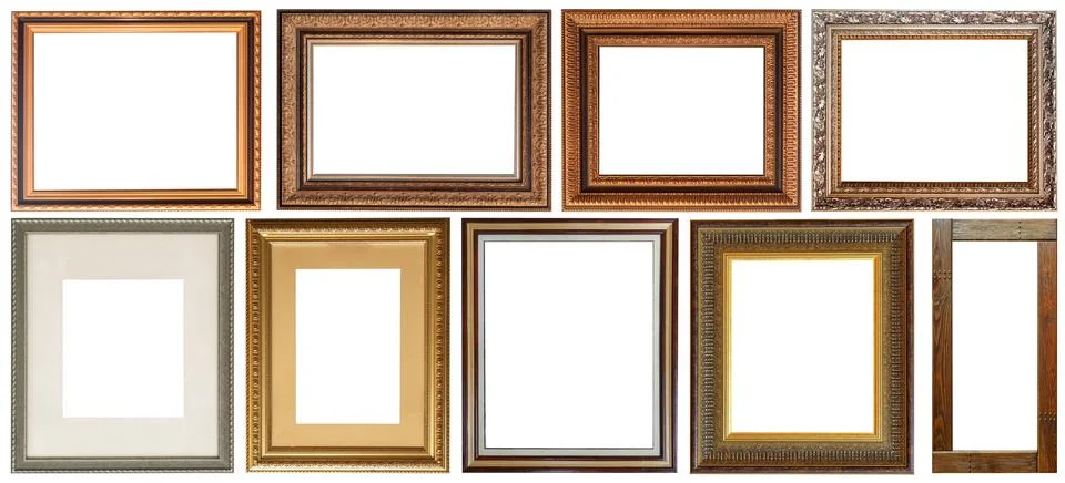 Set of picture frames isolated on white background antique carved gold Foto stock