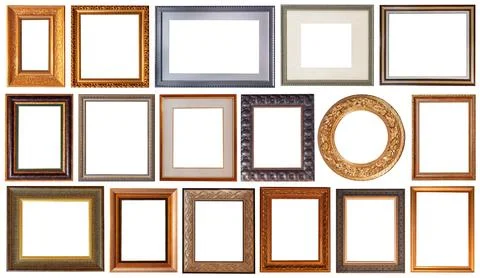 Set of picture frames isolated on white background antique carved gold Foto stock