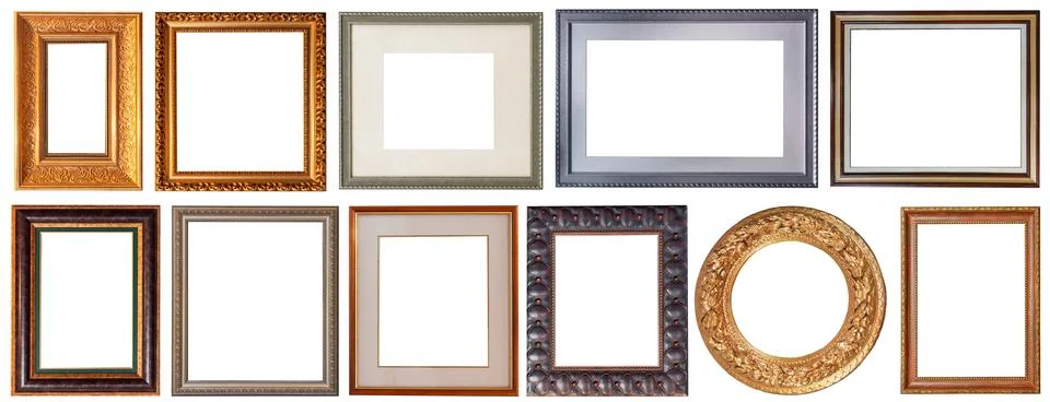 Set of picture frames isolated on white background antique carved gold Stock Photos