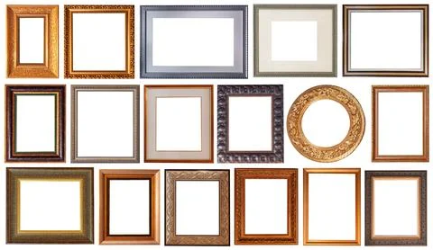 Set of picture frames isolated on white background antique carved gold Stock Photos
