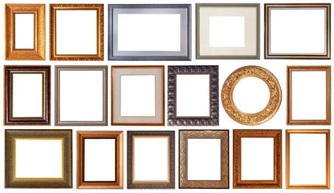 Set of picture frames isolated on white background antique carved gold Stock Photos