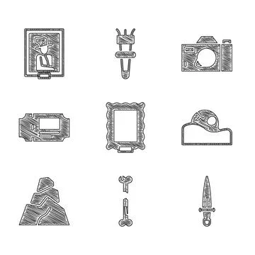 Set Picture, Human broken bone, Dagger, skull, Rock stones, Museum ticket, Photo Illustrazione stock