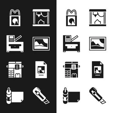 Set Picture landscape, Copy machine, Paper shopping bag, 3D printer, File Stock Illustration