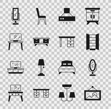 Set Picture, Mirror, Wardrobe, Kitchen extractor fan, TV table stand, Big f.. Stock Illustration