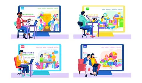 Set of pictures about online learning, various achievements of students. Work Illustrazione stock