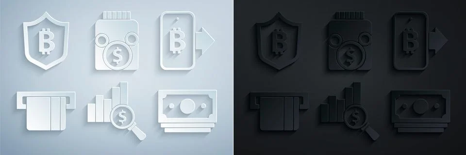 Set Pie chart and dollar, Mining bitcoin from mobile, Credit card inserted Stock Illustration