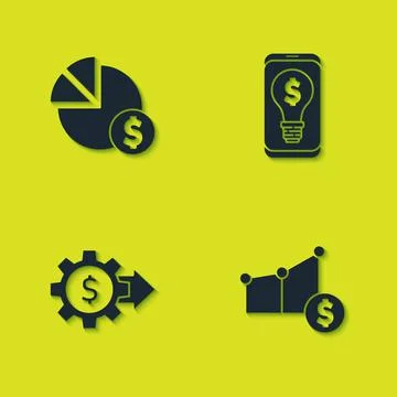 Set Pie chart and dollar, , Gear with and Light bulb on mobile icon. Vector Stock Illustration