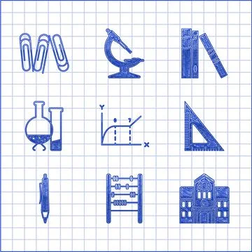 Set Pie chart infographic, Abacus, School building, Triangular ruler, Pen, Test Ilustración de archivo