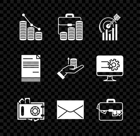 Set Pie chart infographic and coin, Briefcase, Target with, Safe money, Envelope Stockillustratie