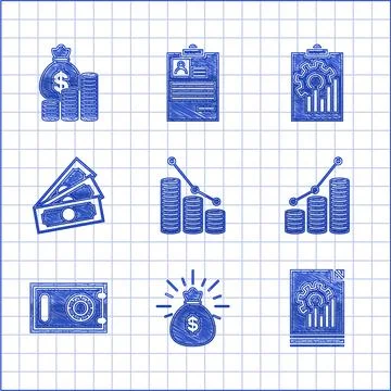 Set Pie chart infographic and coin, Money bag, Document with, Safe, Stacks paper Stock Illustration