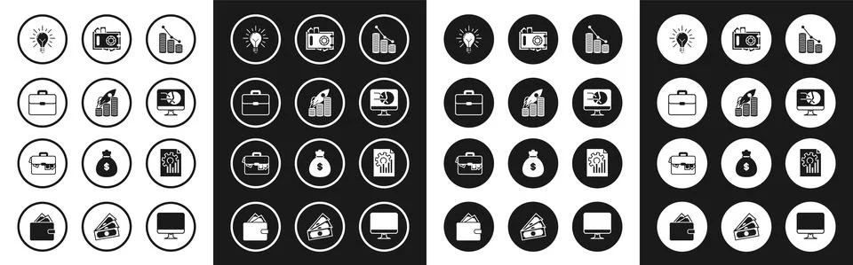 Set Pie chart infographic and coin, Rocket flying up on coins growth, Briefcase Illustrazione stock