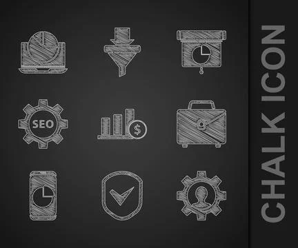Set Pie chart infographic and dollar, Shield with check mark, Human gear insi Stock Illustration