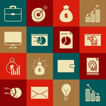 Set Pie chart infographic and coin, Document with, Board, Money bag, Computer Stock-Illustration
