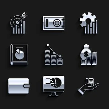 Set Pie chart infographic and coin, Computer monitor with, Money hand, bag,.. Stock Illustration