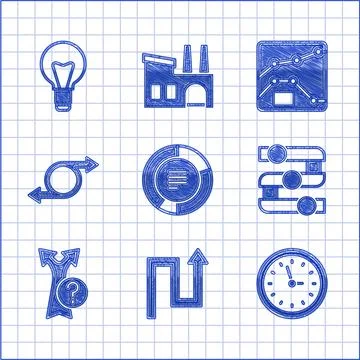 Set Pie chart infographic, Arrow, Clock, Graph, chart, diagram, and Light bulb Stock Illustration