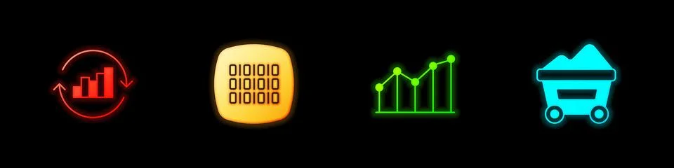 Set Pie chart infographic, Binary code, and Coal mine trolley icon. Vector Stock Illustration