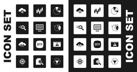 Set Pie chart infographic, Binary code, Search data analysis, Cloud computing Stock Illustration