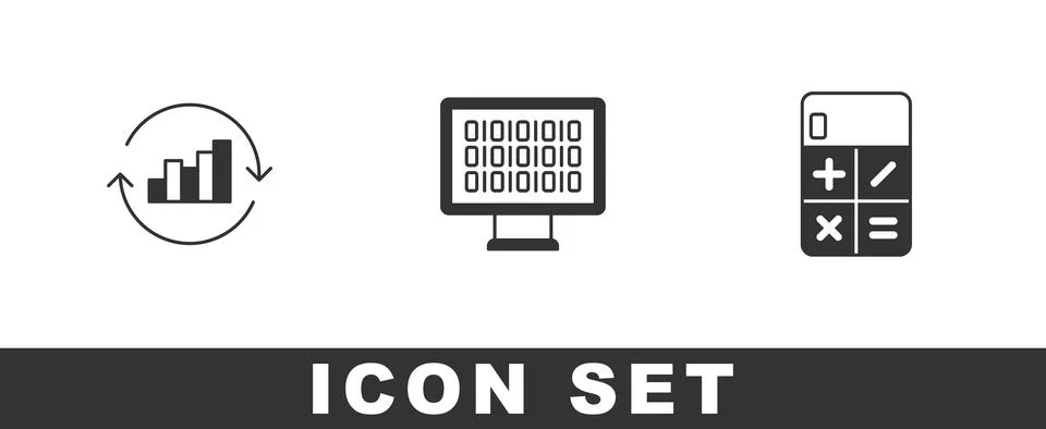 Set Pie chart infographic, Binary code and Calculator icon. Vector Illustrazione stock
