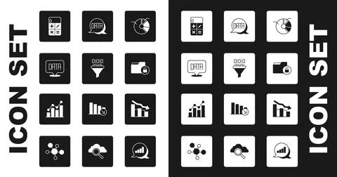 Set Pie chart infographic, Binary code, Data analysis, Calculator, Folder and Stockillustratie
