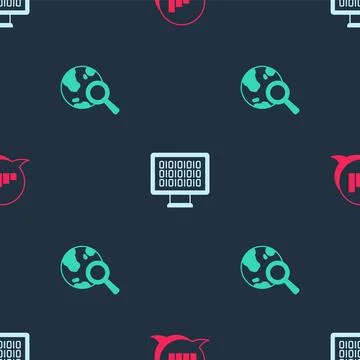 Set Pie chart infographic, Binary code and Search globe on seamless pattern.. Stock Illustration