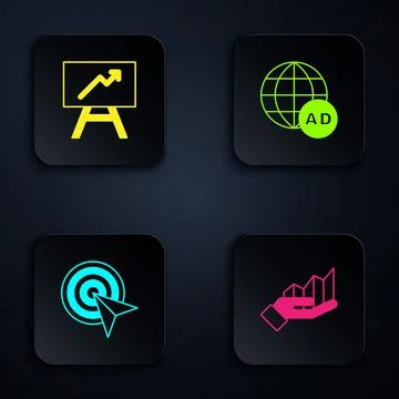 Set Pie chart infographic, Board with, Target and Advertising. Black square Illustrazione stock