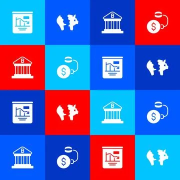 Set Pie chart infographic, Broken piggy bank, Bank building and Debt ball Ilustración de archivo