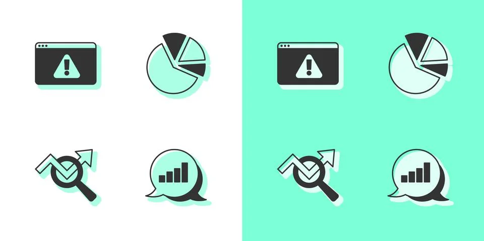 Set Pie chart infographic, Browser with exclamation mark, Search data analysis Illustrazione stock