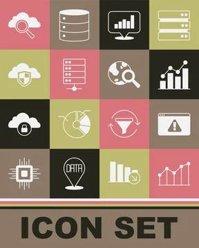 Set Pie chart infographic, Browser with exclamation mark, Server, Cloud and.. Illustrazione stock