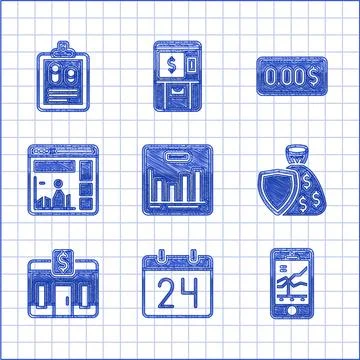 Set Pie chart infographic, Calendar, Mobile stock trading, Shield and money bag Stock Illustration