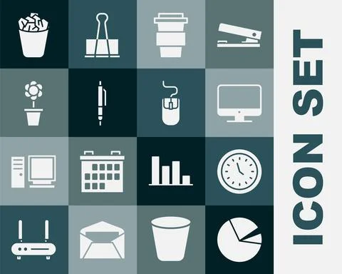 Set Pie chart infographic, Clock, Computer monitor screen, Coffee cup go, Pen 스톡 일러스트